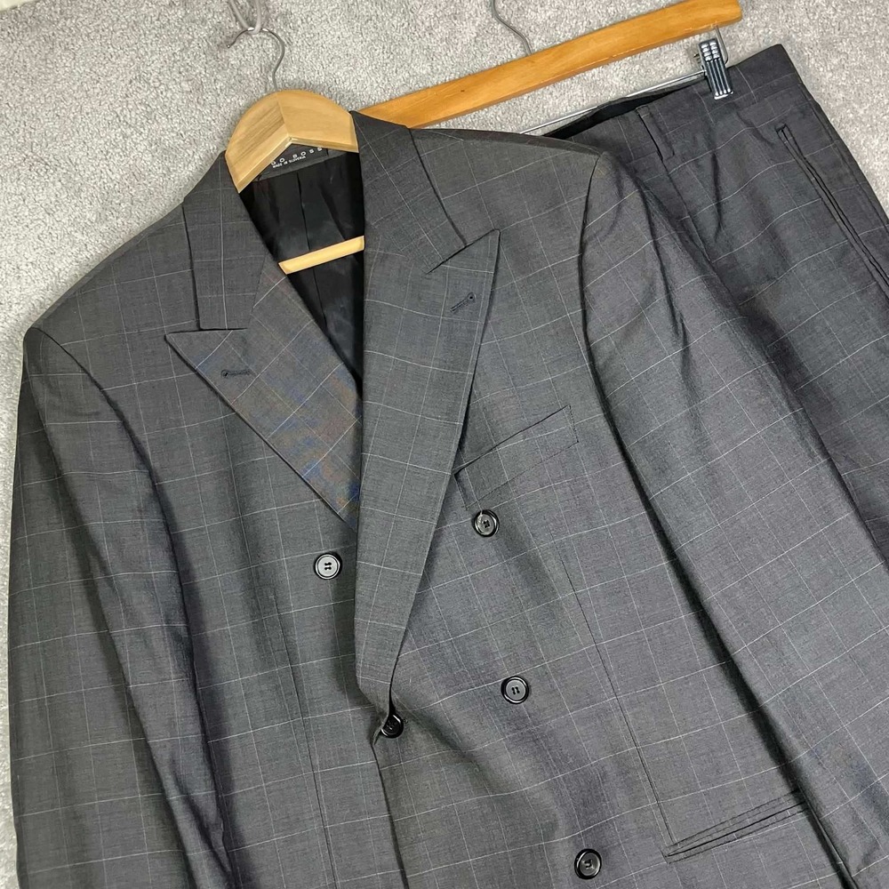 Hugo Boss Suit Mens 44R Gray Botticelli Lucca Double Breasted Virgin Wool Plaid
